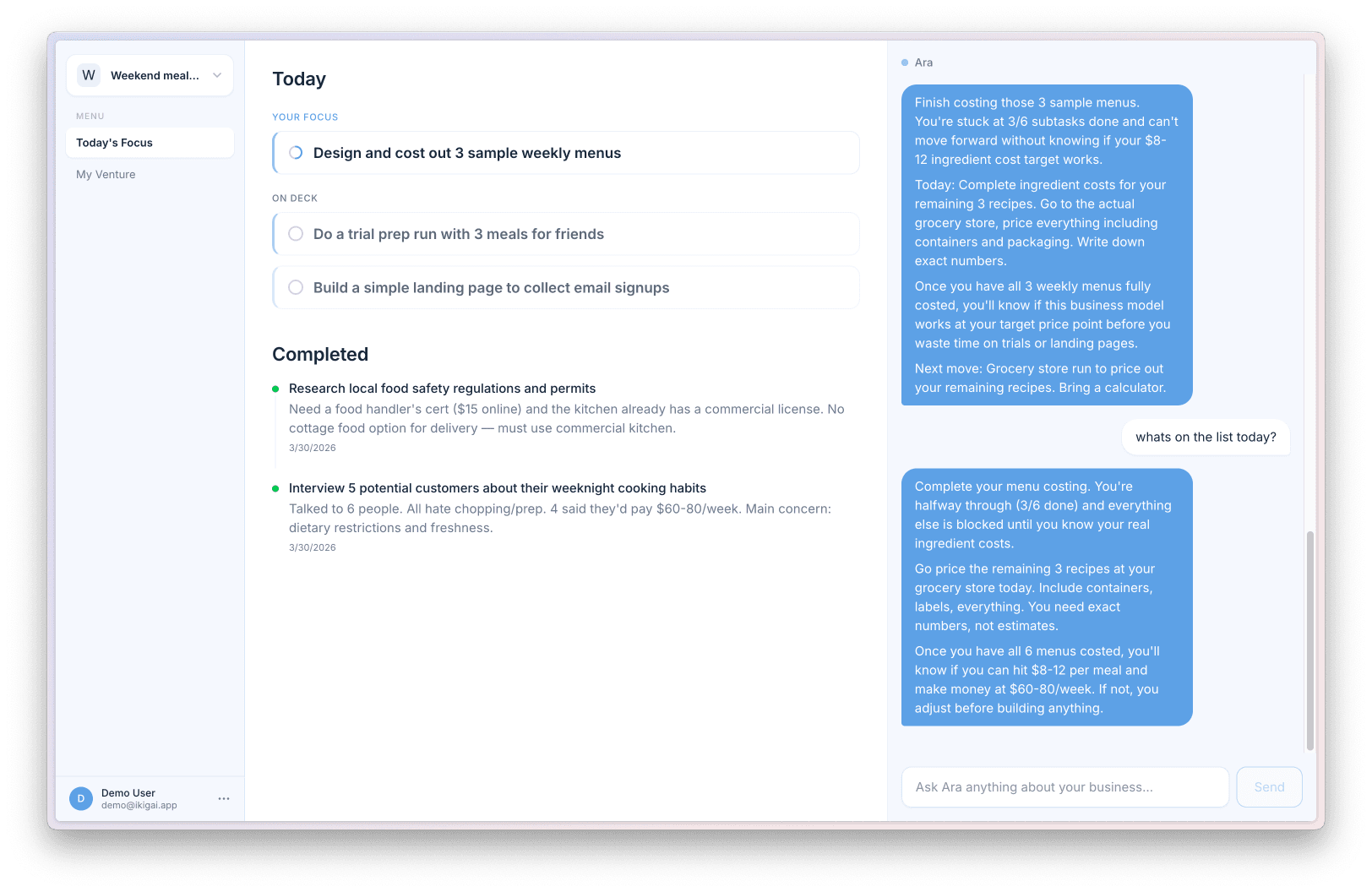 Ikigai dashboard — your focus task and Ara's coaching side by side